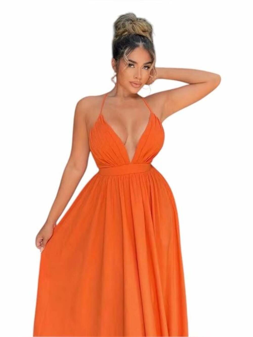 SHEIN SXY Halter Neck Maxi Dress in Orange Size Small NEW